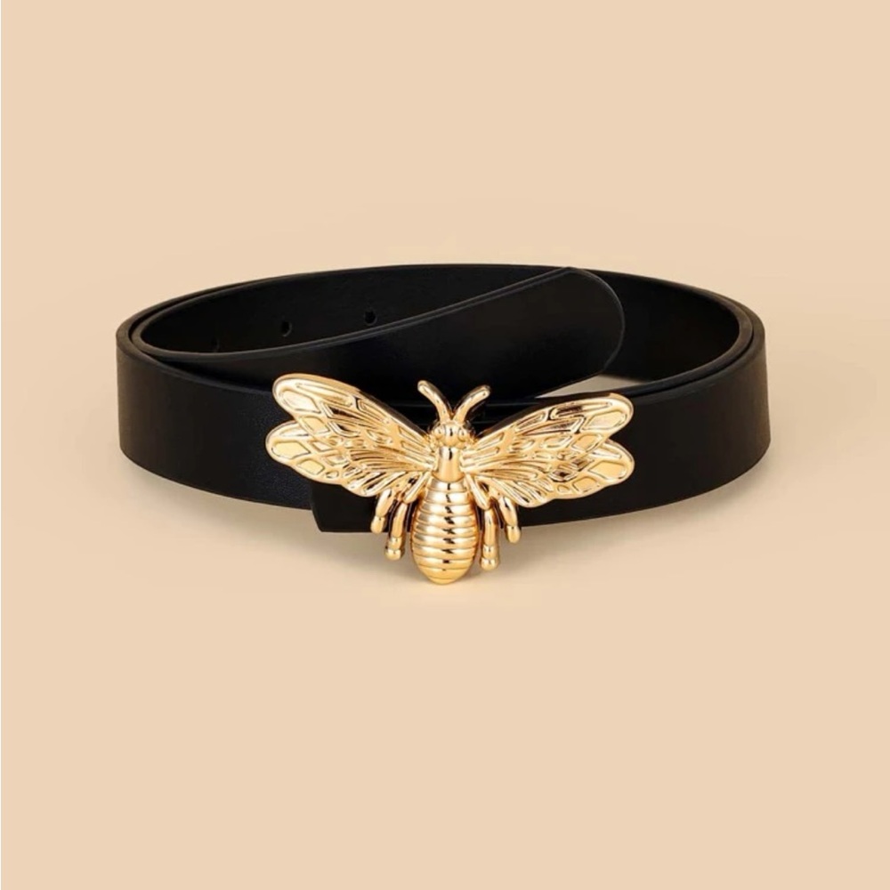 Classic Black Vegan Leather Bee Belt